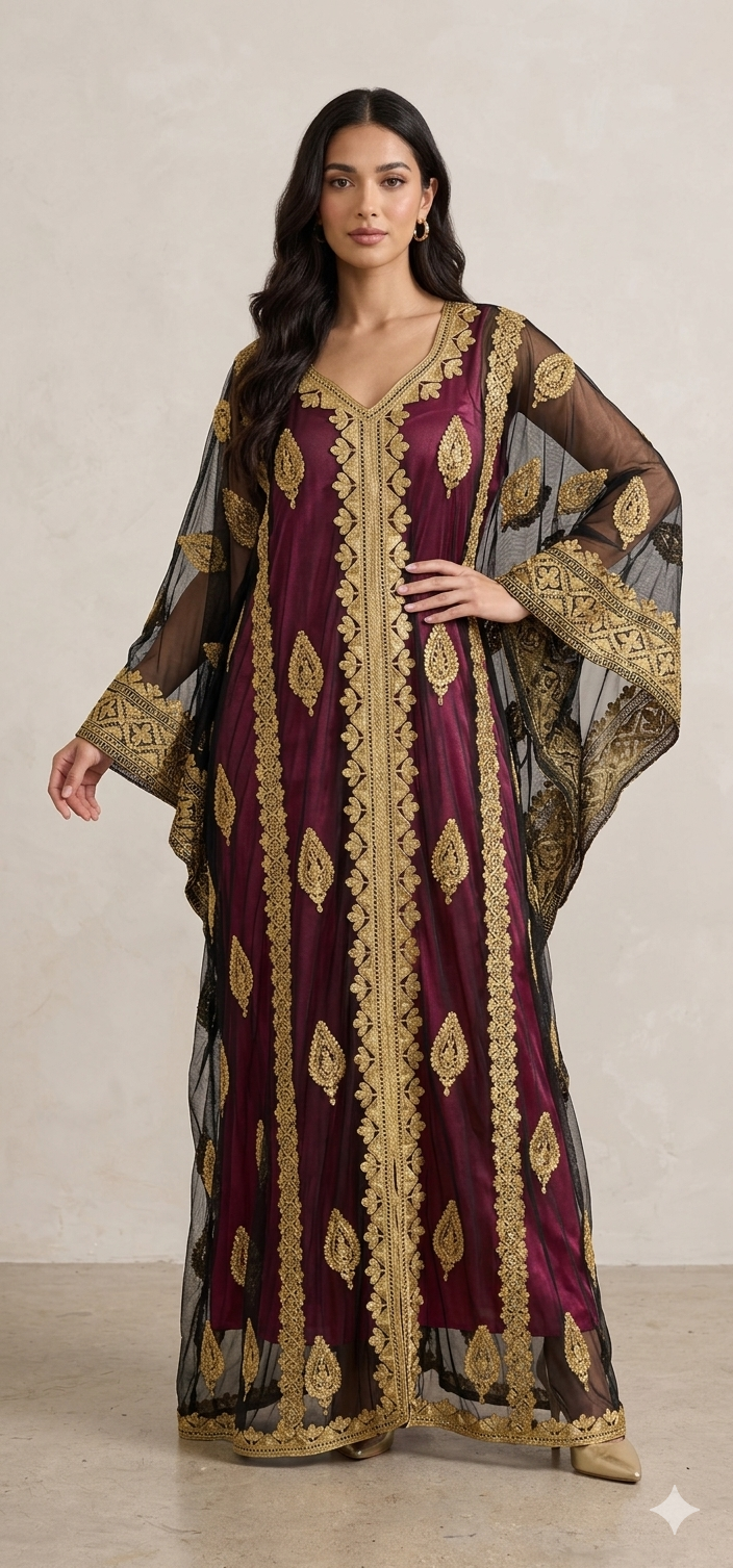 Musarah Bisht Kuwaití - Vestido de lujo modesto negro y dorado | مسرح نجاة