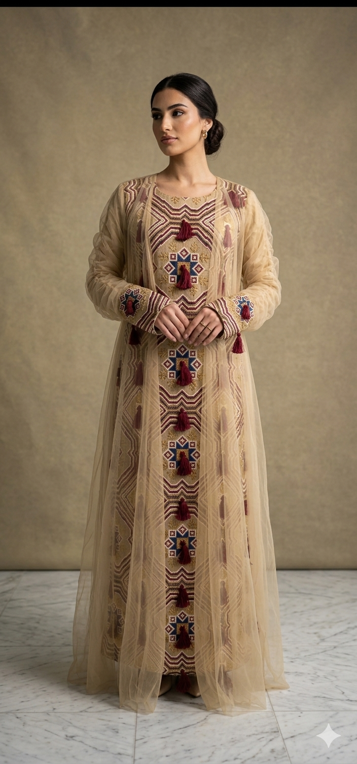 Jalabiya de lujo kuwaití en burdeos con detalles embellecidos – Elegante y modesta | شراشيب