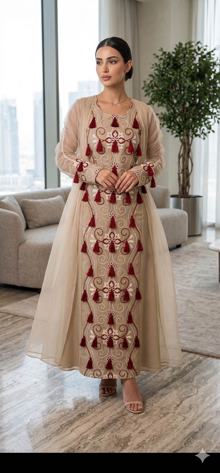 Jalabiya de lujo kuwaití en burdeos con detalles embellecidos – Elegante y modesta | شراشيب