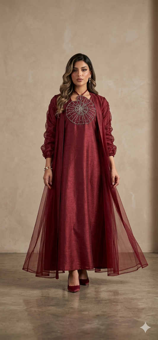 Burgundy Luxury Jalabiya with Embellished Detail – Elegant Modest Dress | سماسم