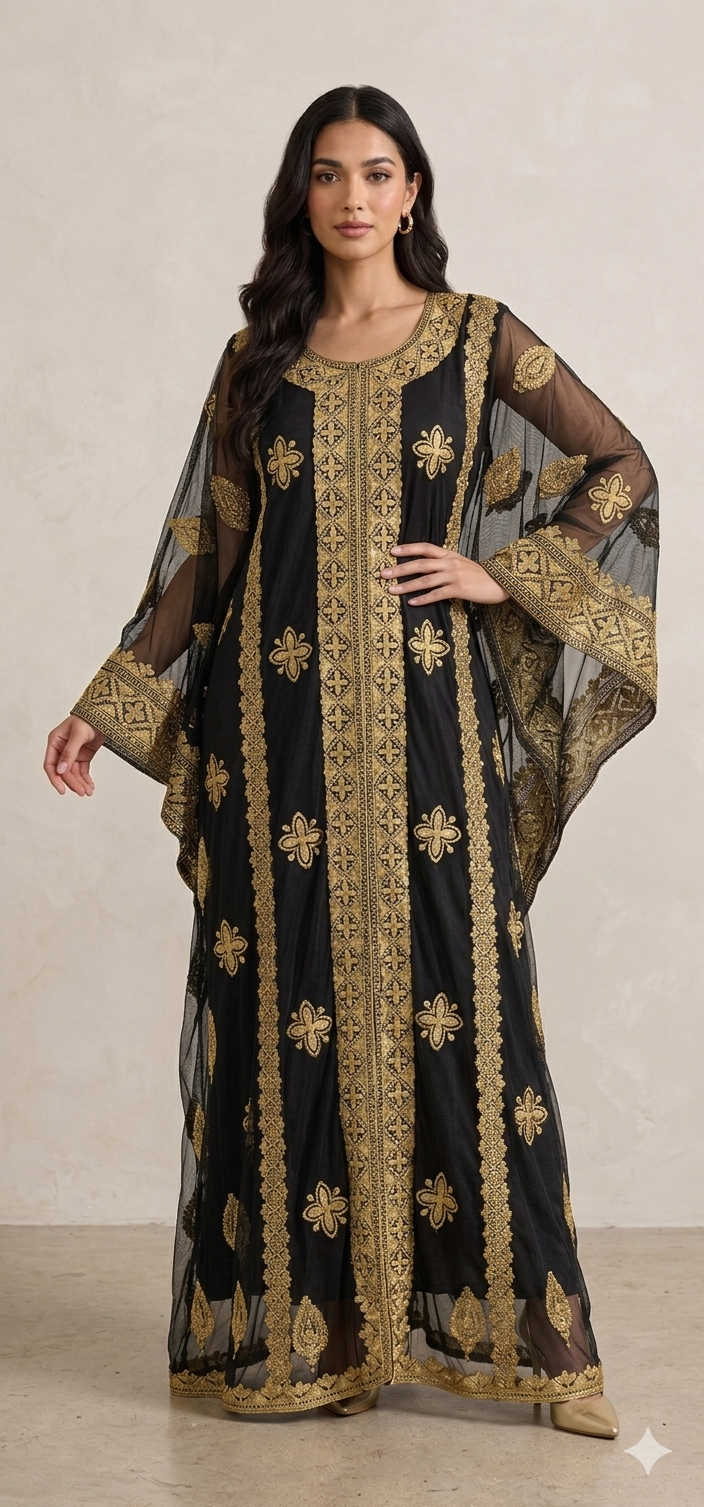 Musarah Bisht Kuwaití - Vestido de lujo modesto negro y dorado | مسرح نجاة