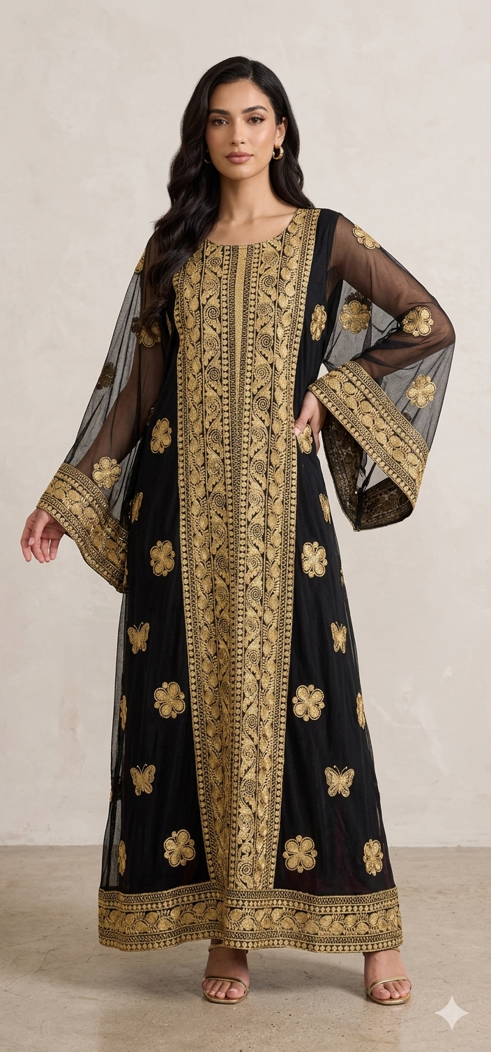 Musarah Bisht Kuwaití - Vestido de lujo modesto negro y dorado | مسرح نجاة