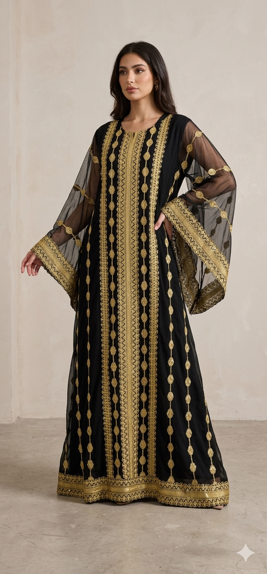 Kuwaiti Musarah Bisht – Black & Gold Luxury Modest Dress | مسرح نجاة